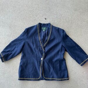 Y2K Lauren Ralph Lauren Linen‎ Blazer Gold Trim Front Jacket 18W Retro-Inspired